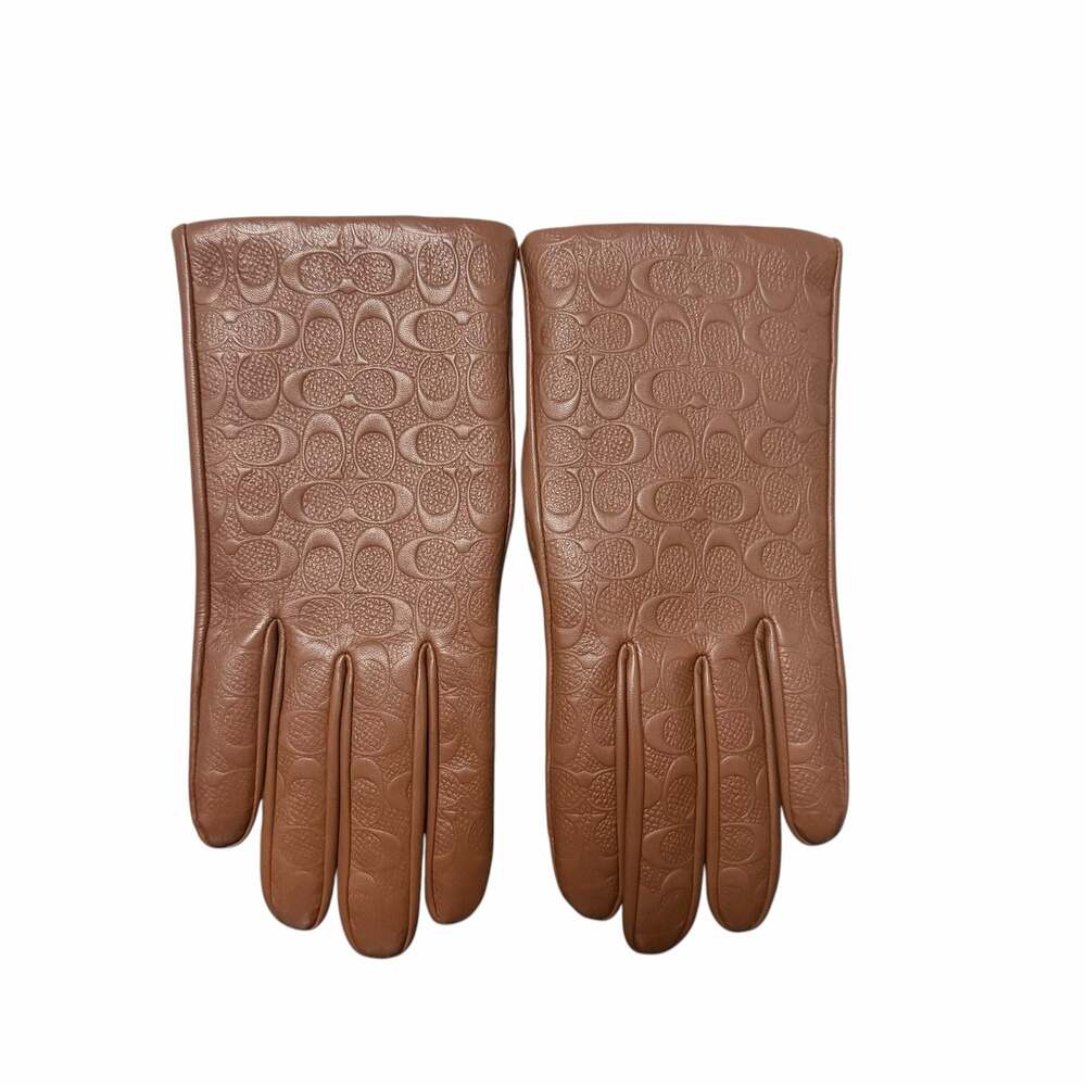 Coach Signature Leather Logo Embossed Brown Tech Gloves Wool Lined Size 6.5 / XS